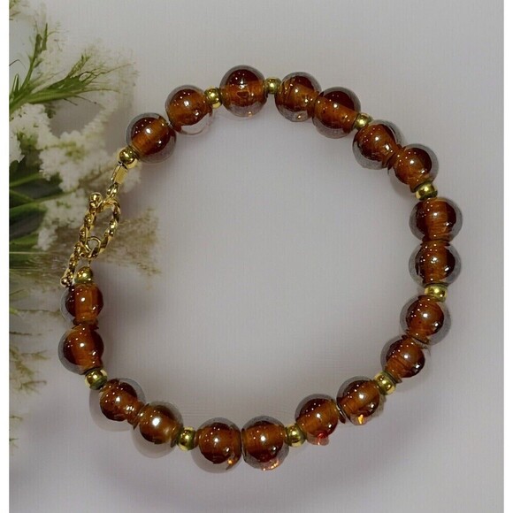 Vintage Jewelry - VTG 7.5in Bronze Brown Glass Beads Gold Tone Boho Beach Native Hippie Y2K
